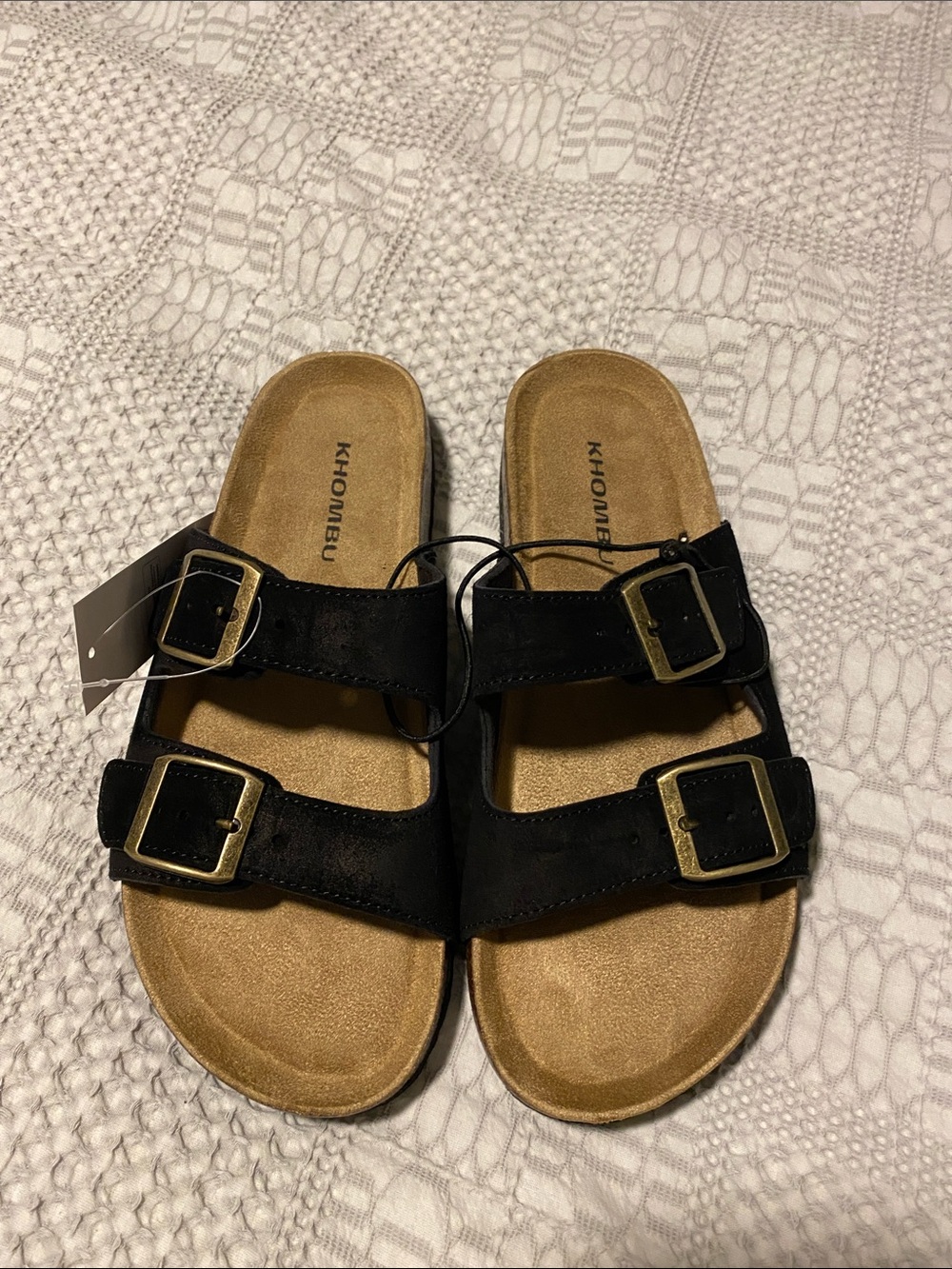 Khombu Black Suede Double Buckle Slide Sandals